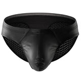 Men's sexy breathable faux leather side mesh low waisted triangular underwear