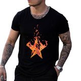 2021 Flame Five-Pointed Star Print Pullover T-Shirt - Amamble