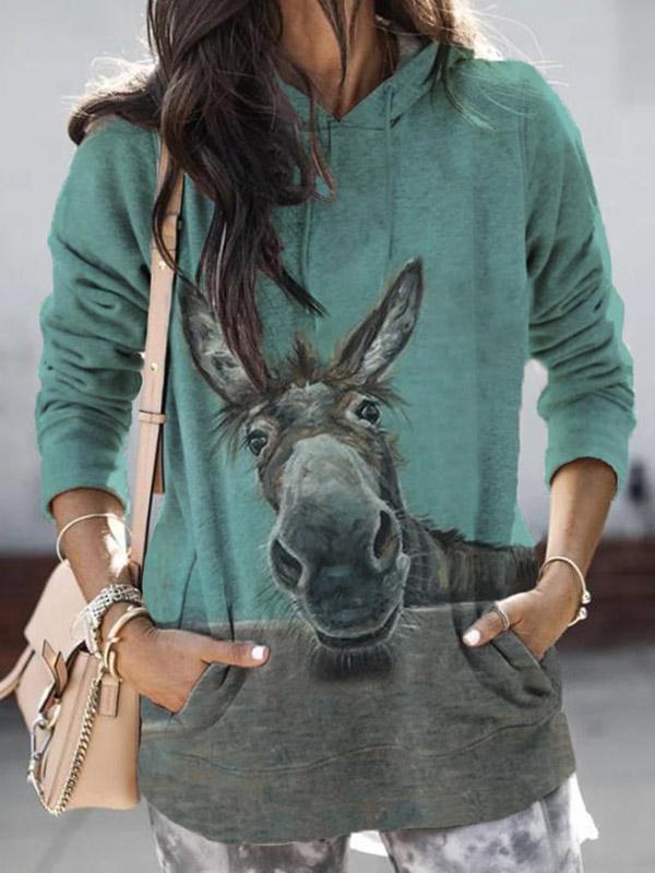 Ladies fun donkey print casual hooded sweater - Amamble