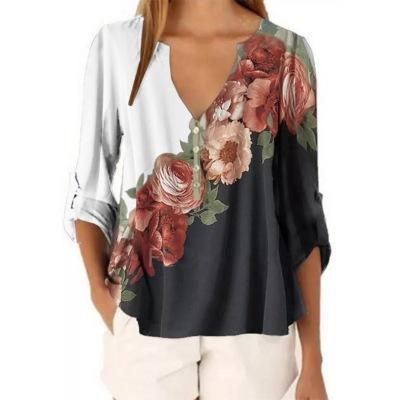V-neck floral print shirt top - Amamble