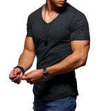 V-neck solid color zipper men's sports T-shirt - Amamble