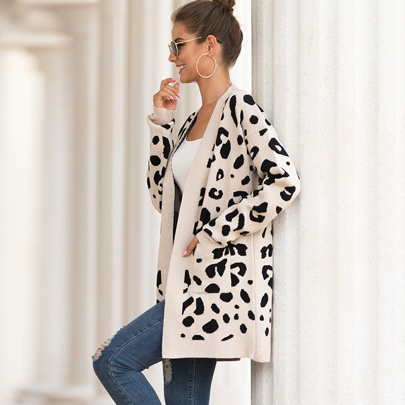 Leopard print button knit sweater cardigan jacket - Amamble