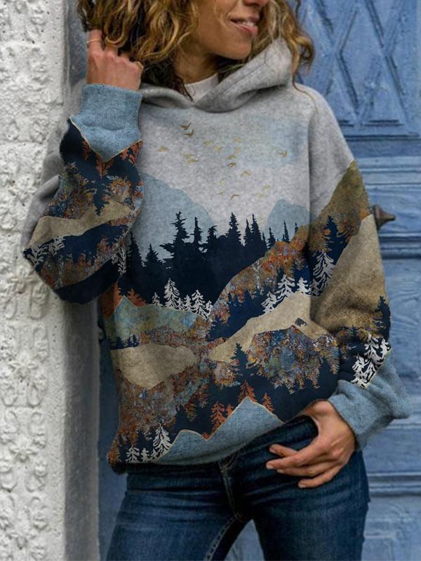 【49% OFF TODAY】Ladies Mountain Treetop Print Hooded Sweatshirt - Amamble